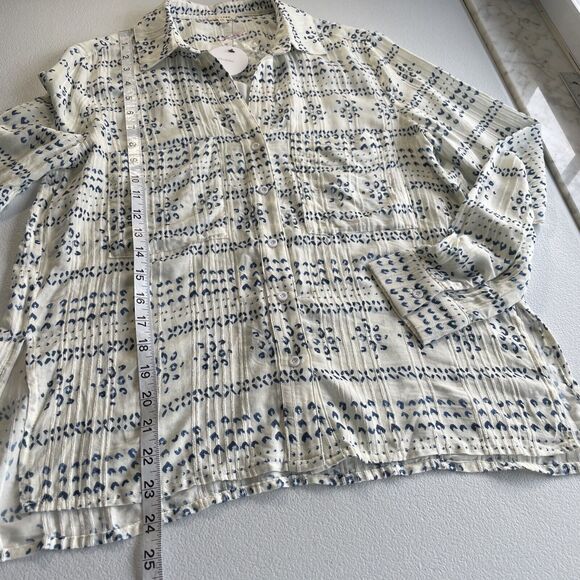 En Creme Women’s XS Button Front Cream Blue Boho Print Tunic Top Long Sleeve - Picture 10 of 10